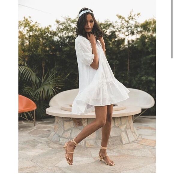 Cleobella | Ivory Lace Eyelet Mini Dress with Waist Tie Small - Picture 1 of 6